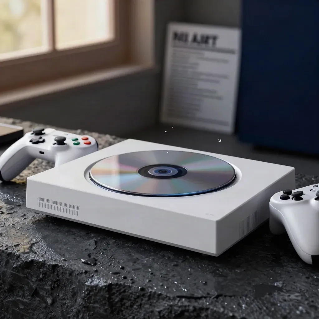 Matte white game console, two controllers and a disc case on wet basalt with droplets