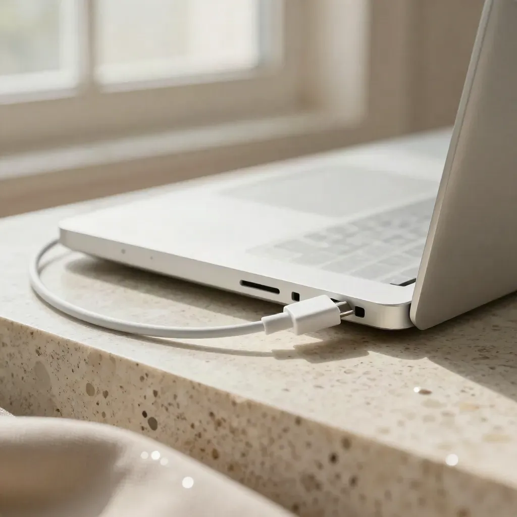 Silver laptop edge with coiled charging lead on linen, lit by soft daylight