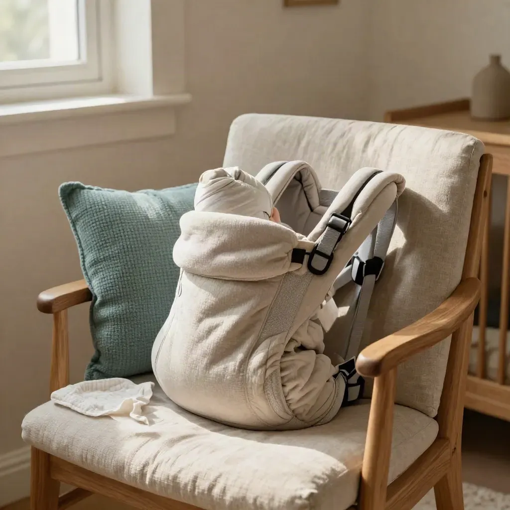 Folded baby carrier draped over a pale chair beside muslin in soft daylight.