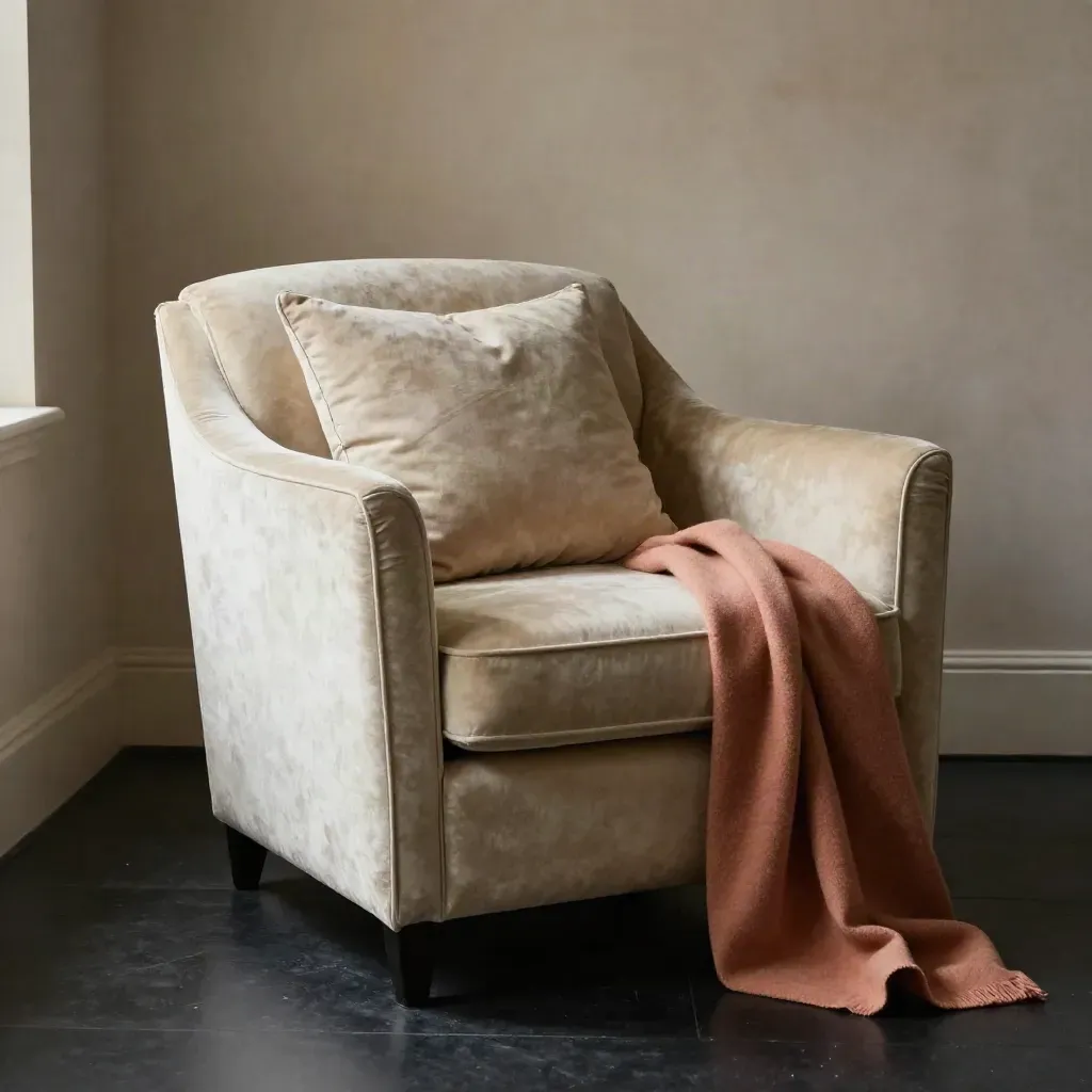 Cream velvet armchair with linen cushion and coral throw in dramatic studio light