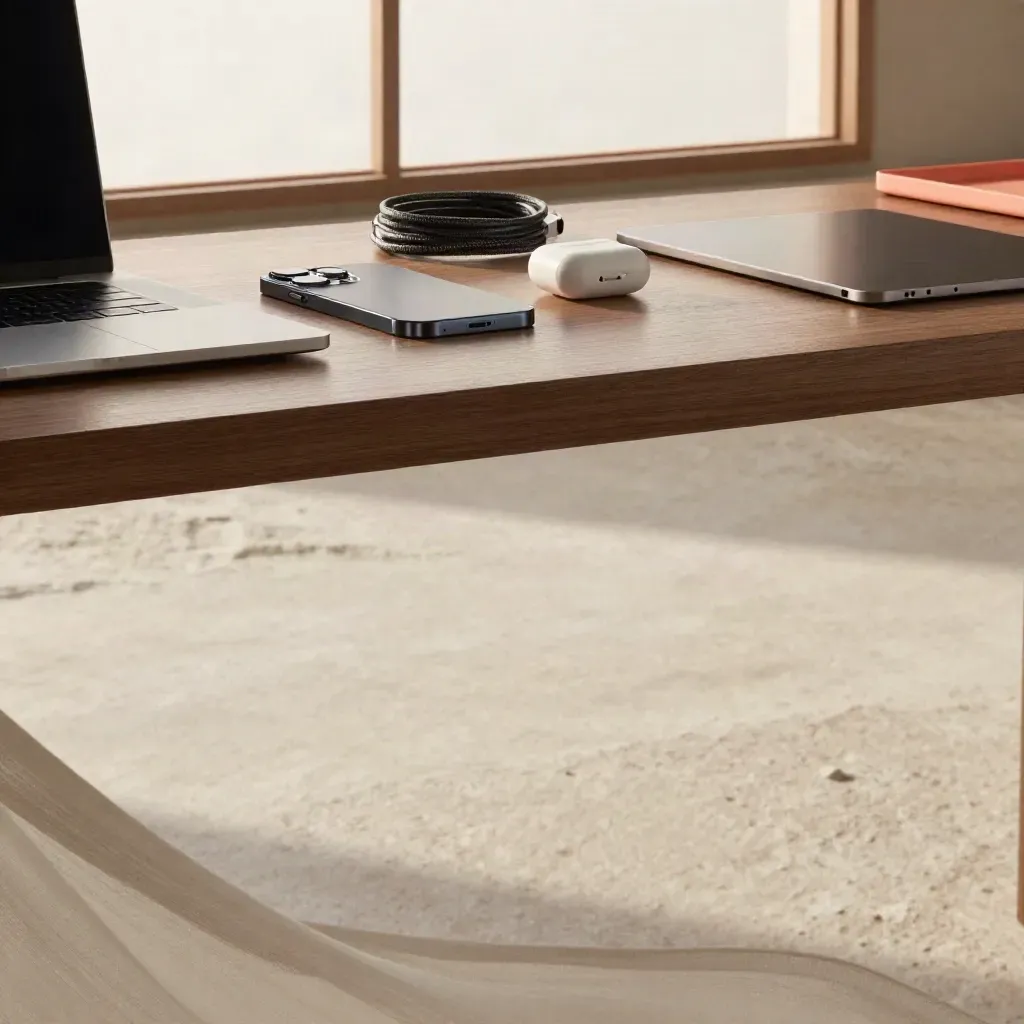 Brushed-metal tech corner with stacked devices, frosted window grid, and calm copy space below.